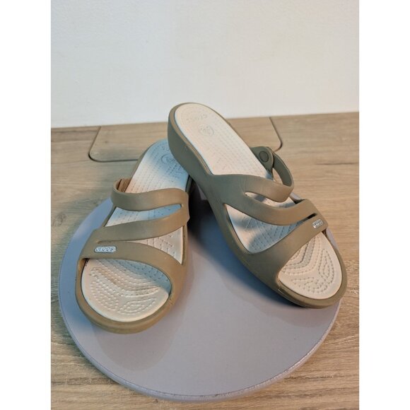 Crocs Sandals Womens 6 Patricia Slip On Slides Beige Open Toe Casual Wedge - Picture 2 of 9